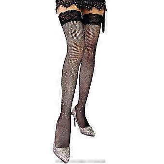 Women Sexy Lace Top Fishnet Thigh High Stockings Glitter for Rhinestone See Through Mesh Net Night Club Over Knee Long S