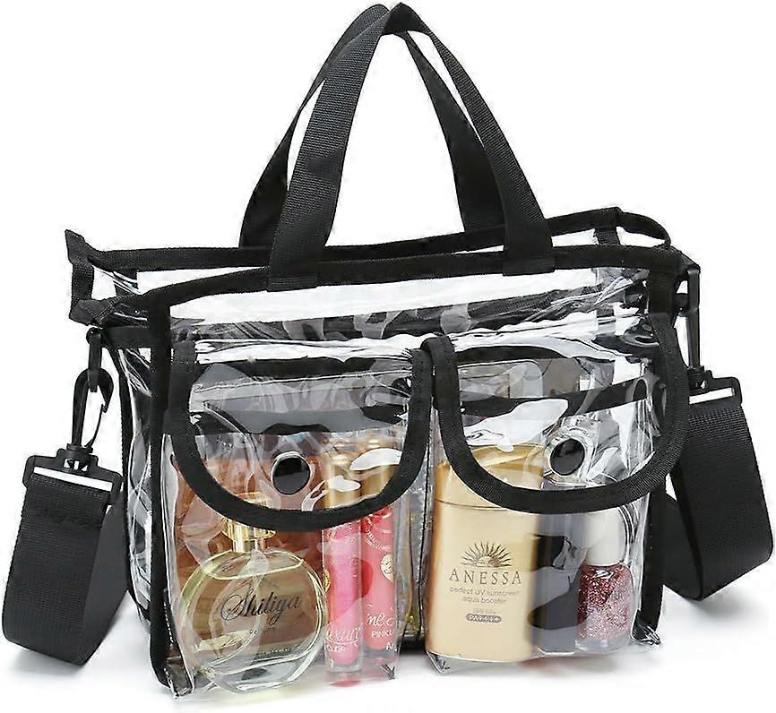 Clear cosmetic bag with removable and adjustable shoulder strap (Black)