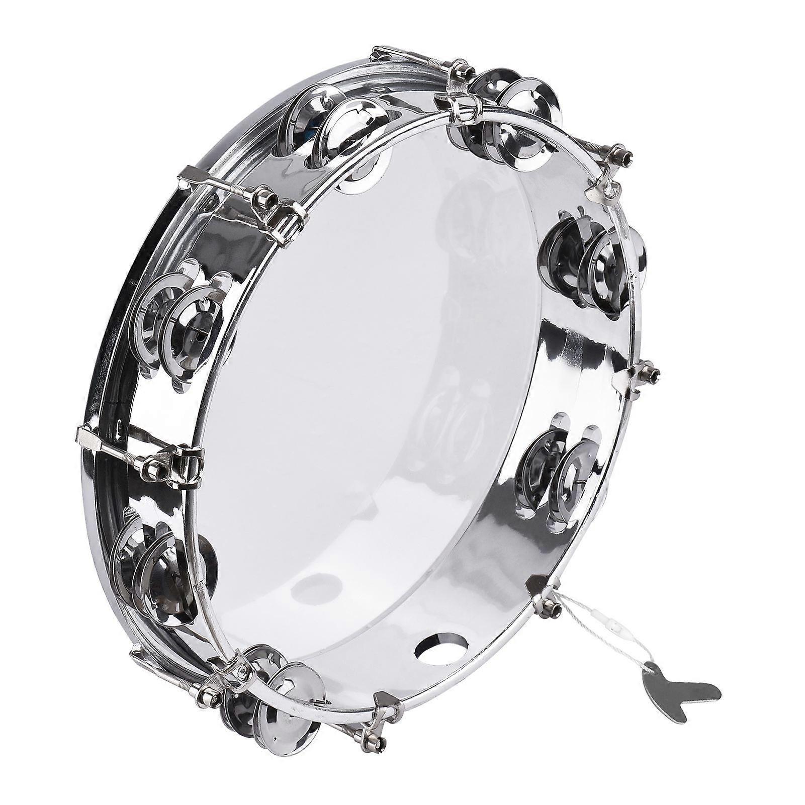 10-inch Tambourine Handbell Hand Drum with Double Row 14pcs Metal Cymbals Jingles Percussion Instrument