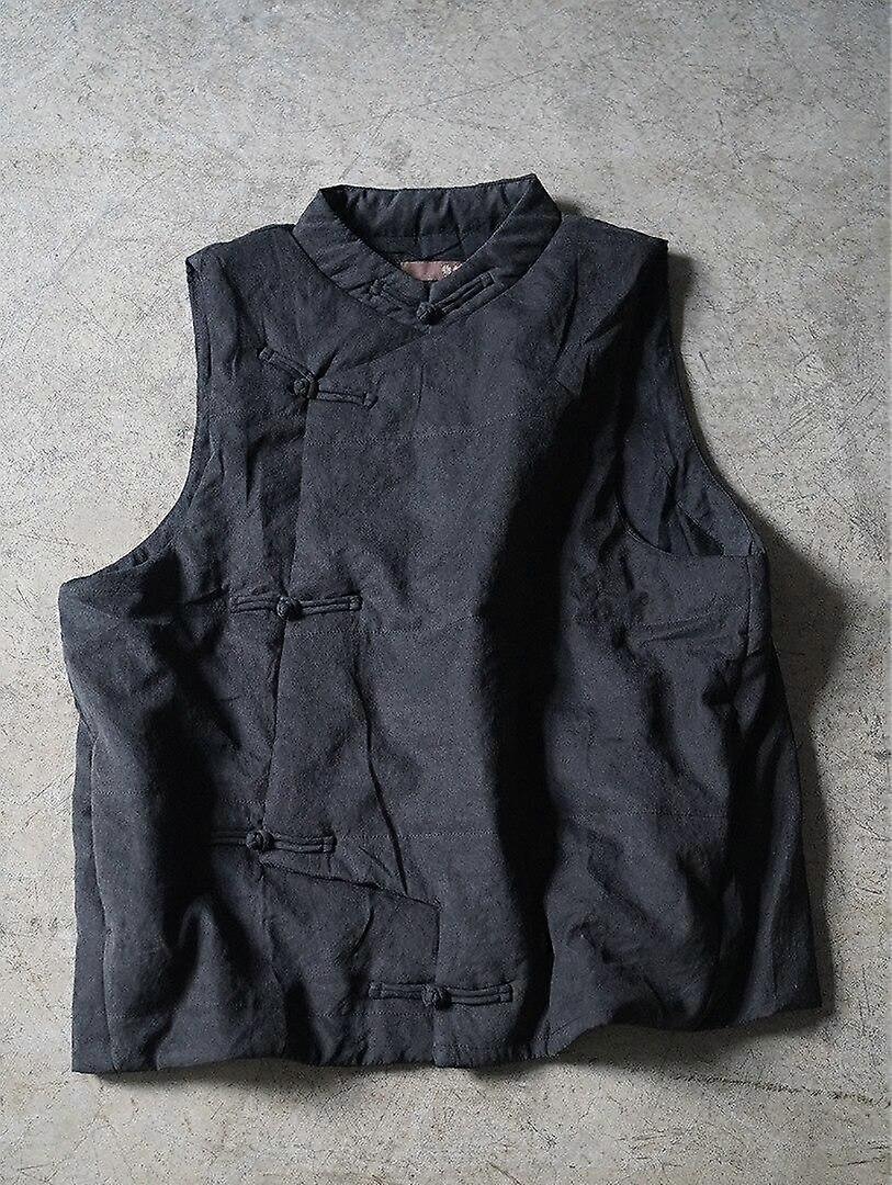 Johnature Women Stand Bead Quilted Vest Retro Polyester Solid Color Loose Padded Coat Winter Sleeveless Button Clothes
