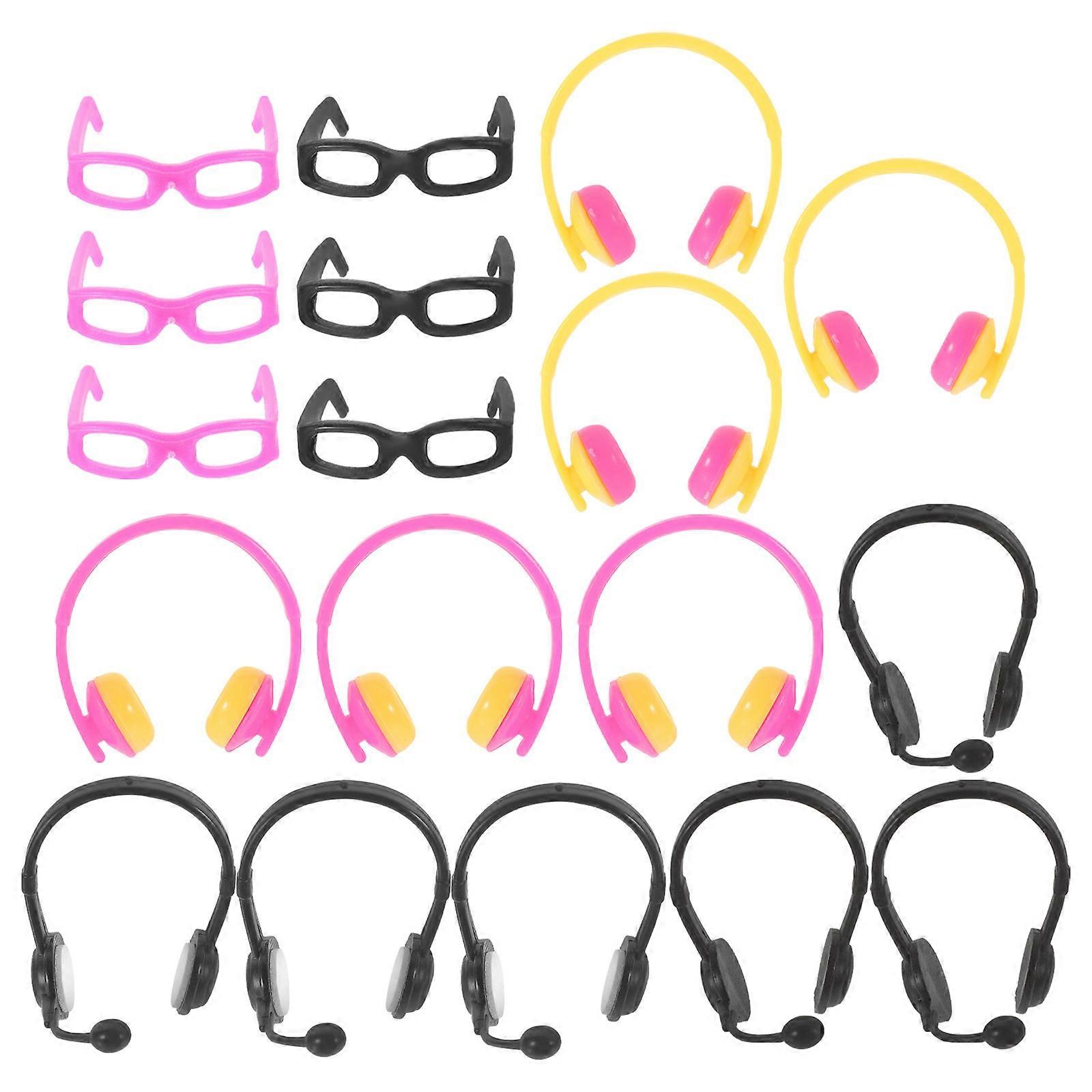 18pcs Mini Doll Glasses & Headphones – Stylish Dress Up Accessories for Pretend Play & DIY Crafts – Includes Black & Pink Glasses with Pink, Yellow &