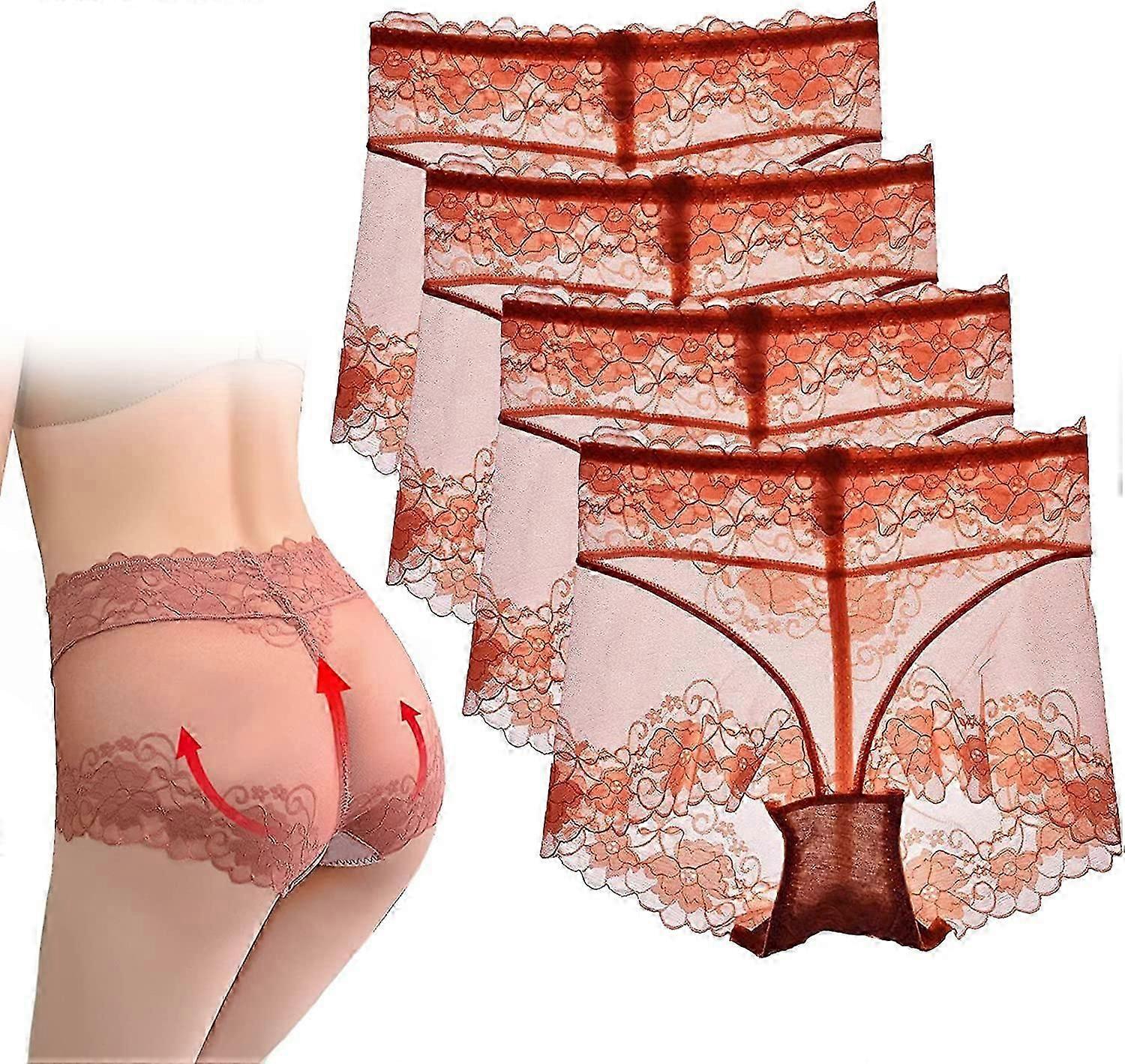4 قطع شبكة انظر من خلال البطن دس الوركين رفع سراويل داخلية ، سراويل دانتيل مثير للنساء عالية المخصر بالإضافة إلى حجم السيدات موجز