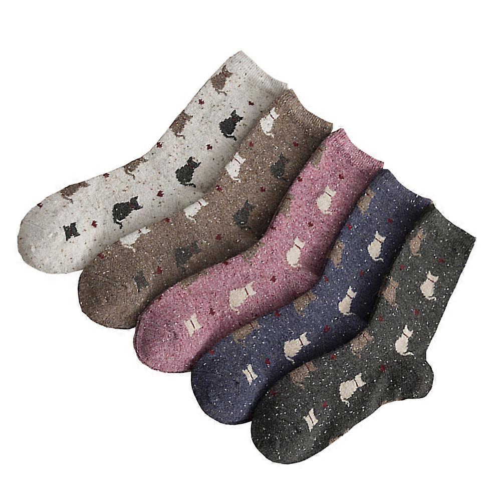 Knitted Socks Cozy Cat Design Stockings Assorted Color 36x9cm Warm 5Pairs