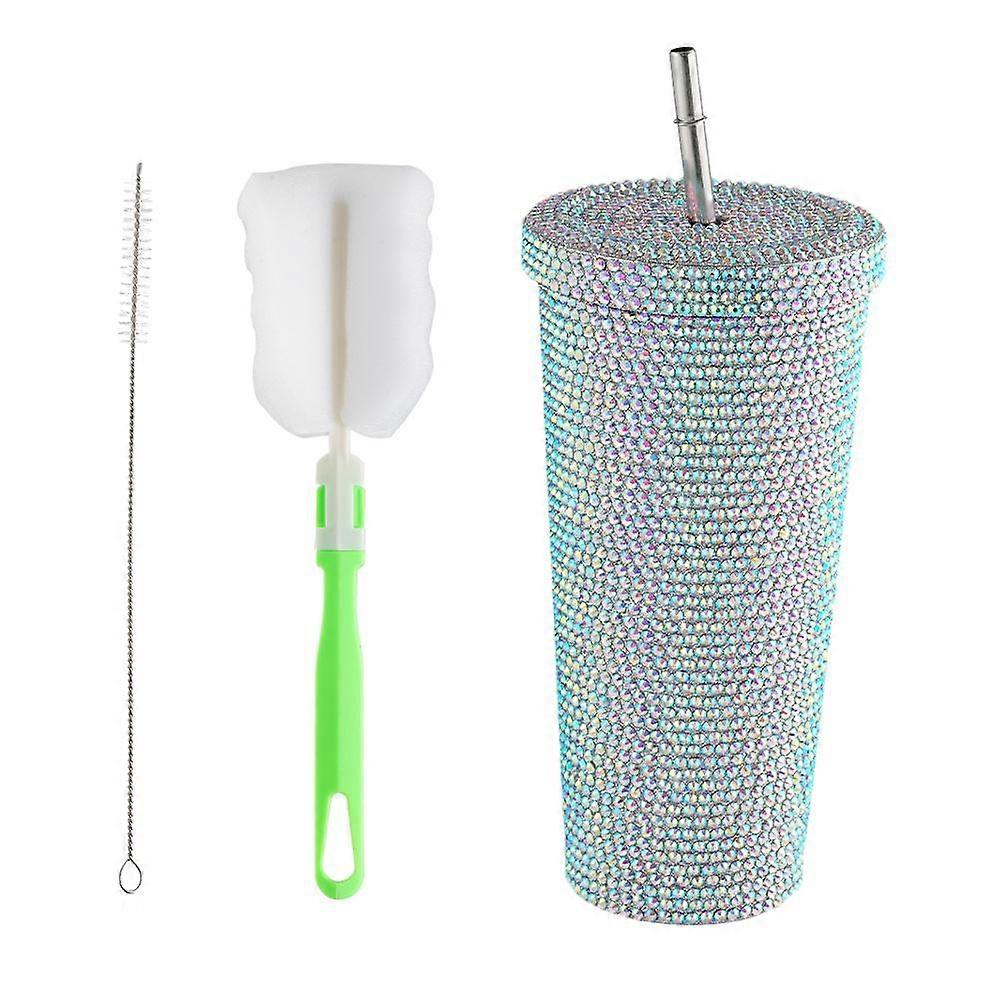 Straw Cup w/Lid Reusable Rhinestone Double Layer Steels