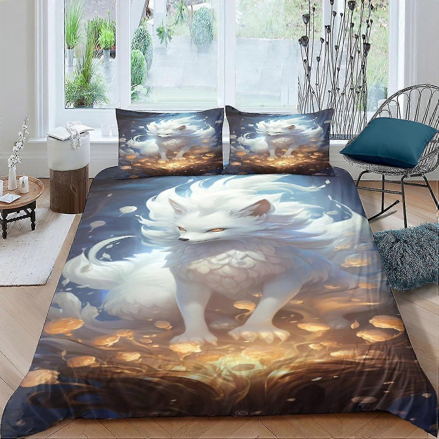 Conjunto de Capa de Edredom White Fox 3 Peças Colcha de Cama 3D Macia com Fecho de Zíper, Cama de Microfibra Dupla