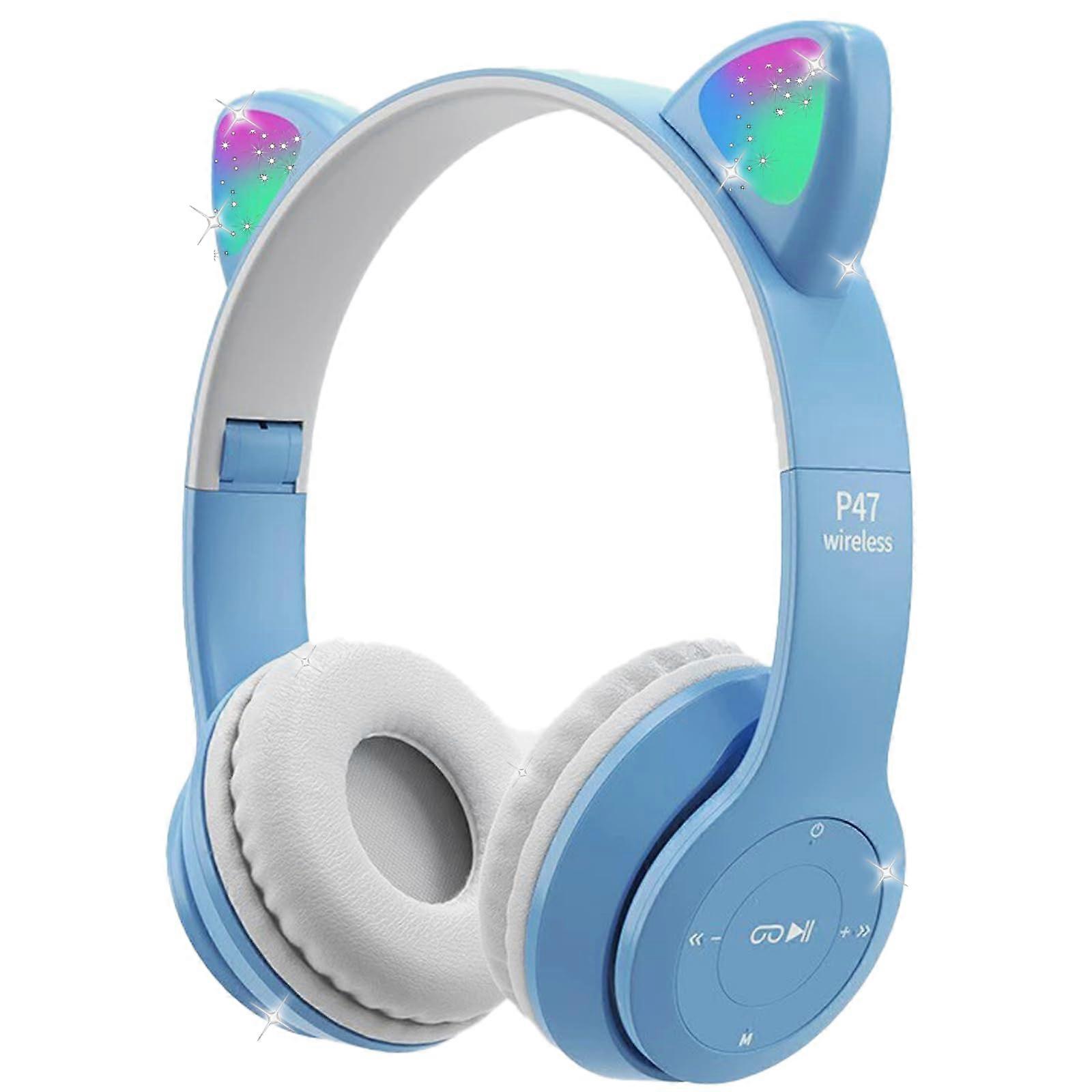 Children's Cat Ears Headphones Bluetooth Wireless Headset with LED Lights, Foldable Over Ear Design for Kids Age 8+ (Blue)