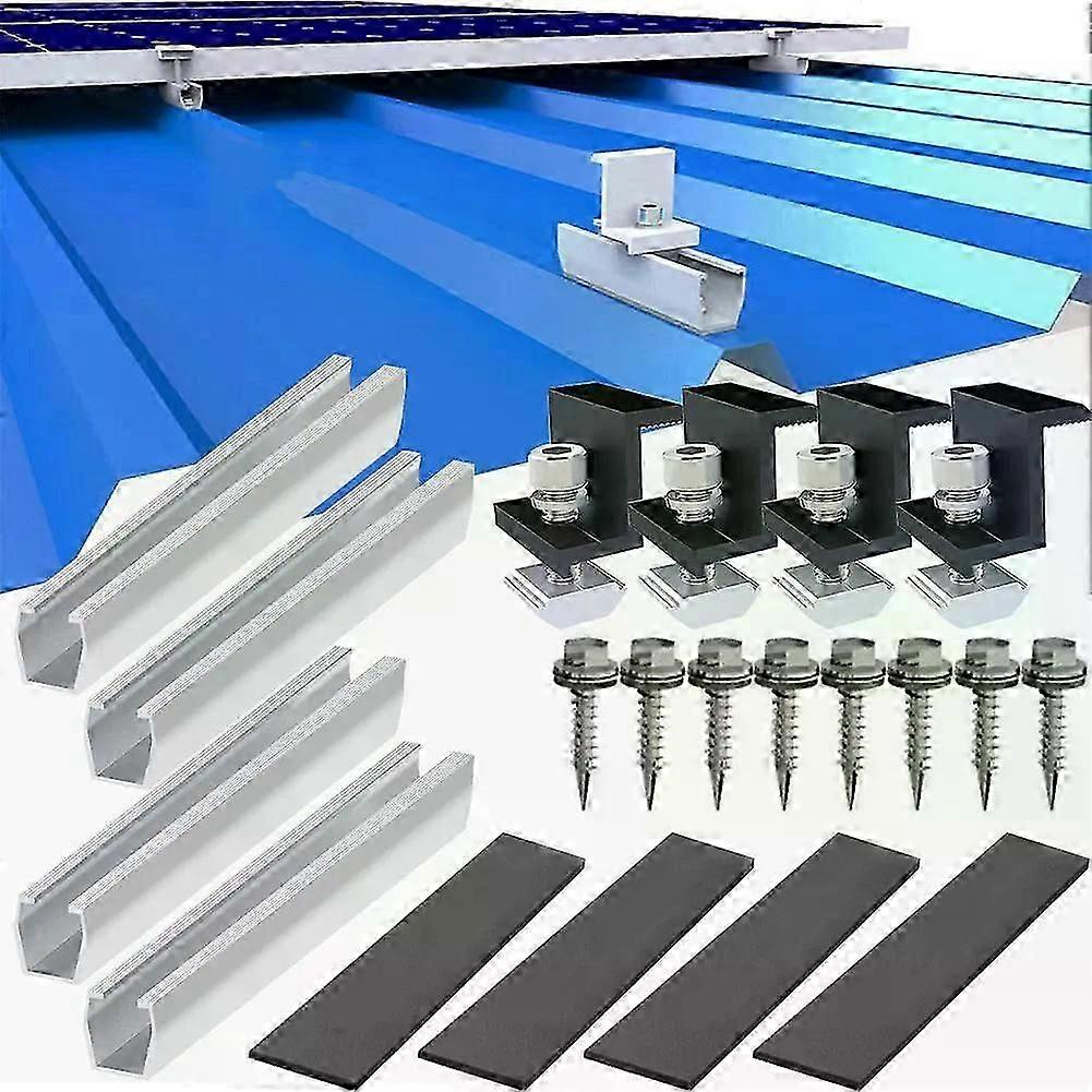 PV Solar Module Bracket Mounting Rail Kit Aluminium Rail Flat Roof End/Middle Clamp Set 20cm Length 30-35cm Adjustable Clamp