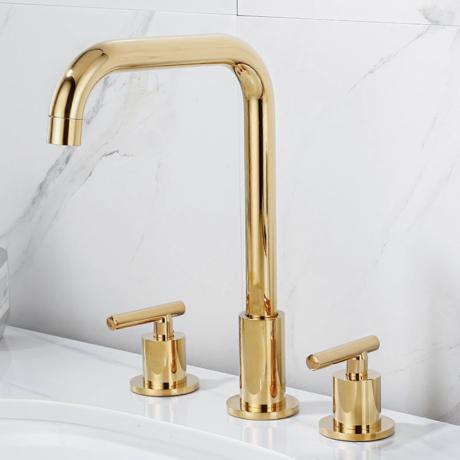 Two-Handle Mixer Tap Bathroom Sink Faucet with Gold Finish, 3-Hole Compatibility, Adjustable Spout Height