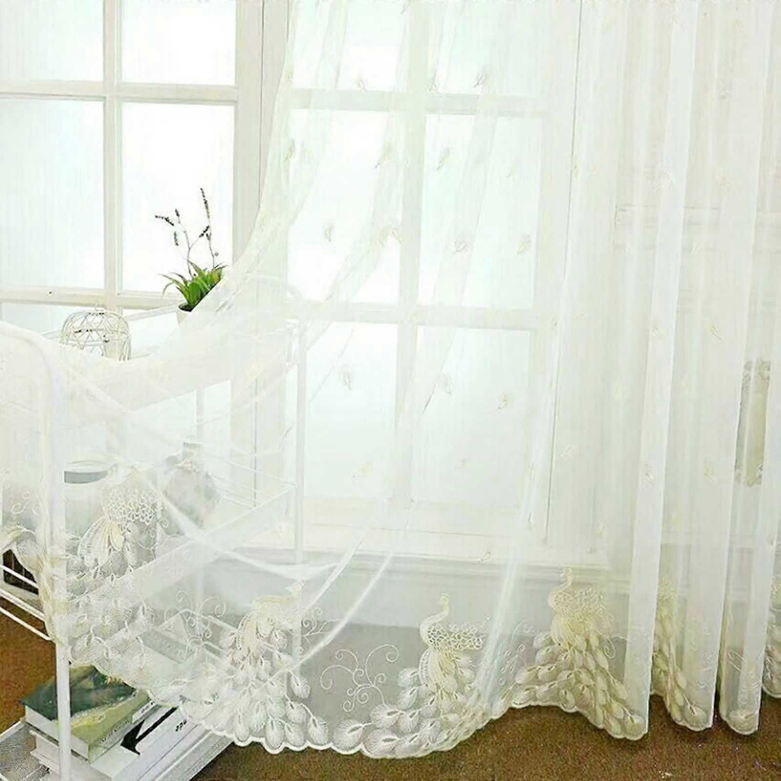 White Polyester 2Piece Curtain Set, LightFiltering Eyelet, Yellow Peacock Embroidery, 132x274CM