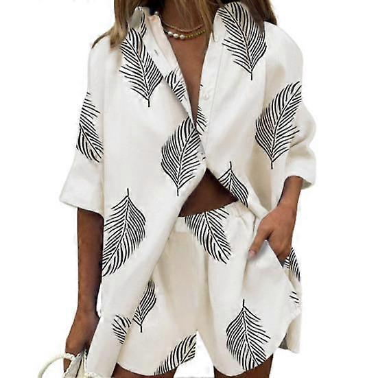 2 Pcs/Set Women Shirt Shorts Set Floral Print Loose Single-breasted Half Sleeve Lapel Pockets Elastic Waist Soft