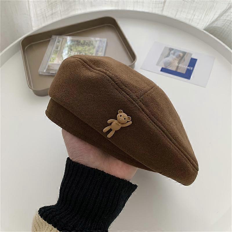 Korean Style Elegant Winter Cute Bear Solid Beret Hat Woolen Painter Hat Berets Caps