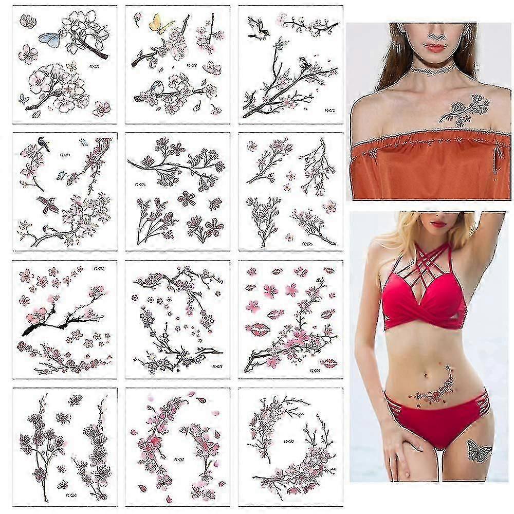 12 Sheets Cherry Blossoms Temporary Tattoo Sticker For Women Body Art In Spring
