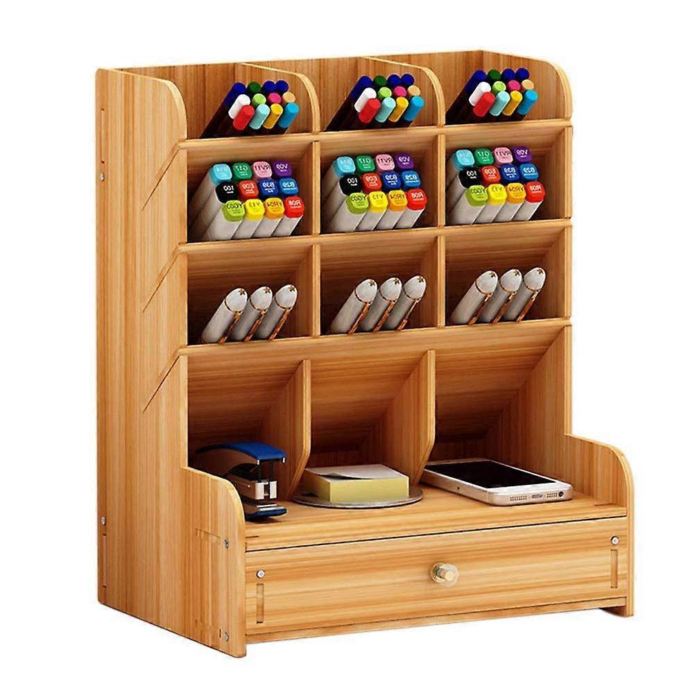 Wood Desk Organizer With Pen Holders And Stationery Storage Box For Home Or Office