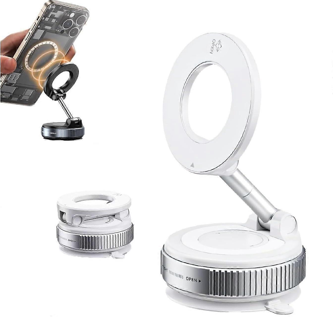 Phone Holder, 360° Adjustable Magnetic Mount, Strong Suction for All Phones, Dual-Axis Design for Smooth Surfaces, White