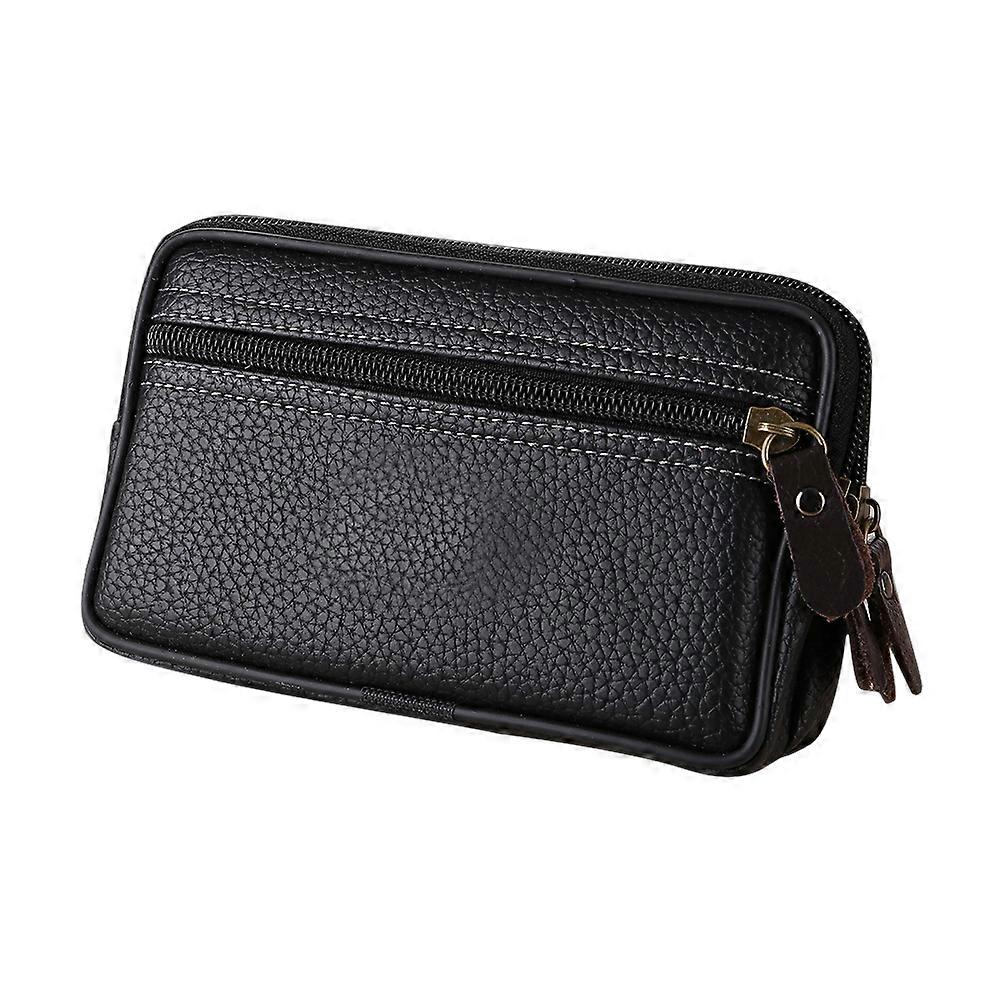 Man Multi-function Mini Waist Bag PU Leather Double Layer Zipper Phone Card Bag