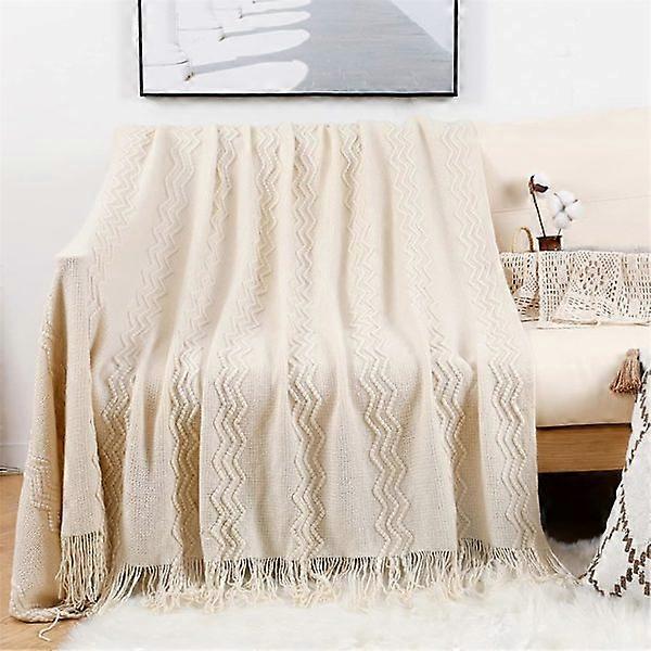 Bohemian soft knitted blanket with pompom beige - 127*17