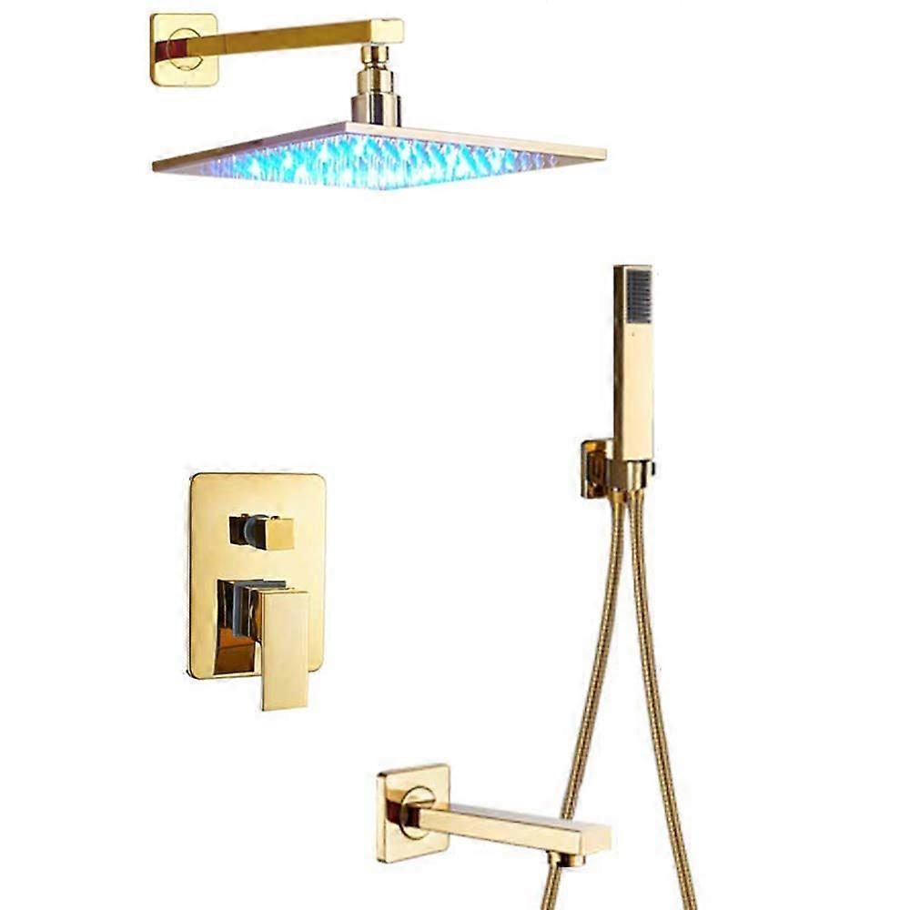 LED Rain Shower System Gold Finish Wall Mounted Mixer Set Square Shower Head Handheld Shower Tub Spout 10 Inch
