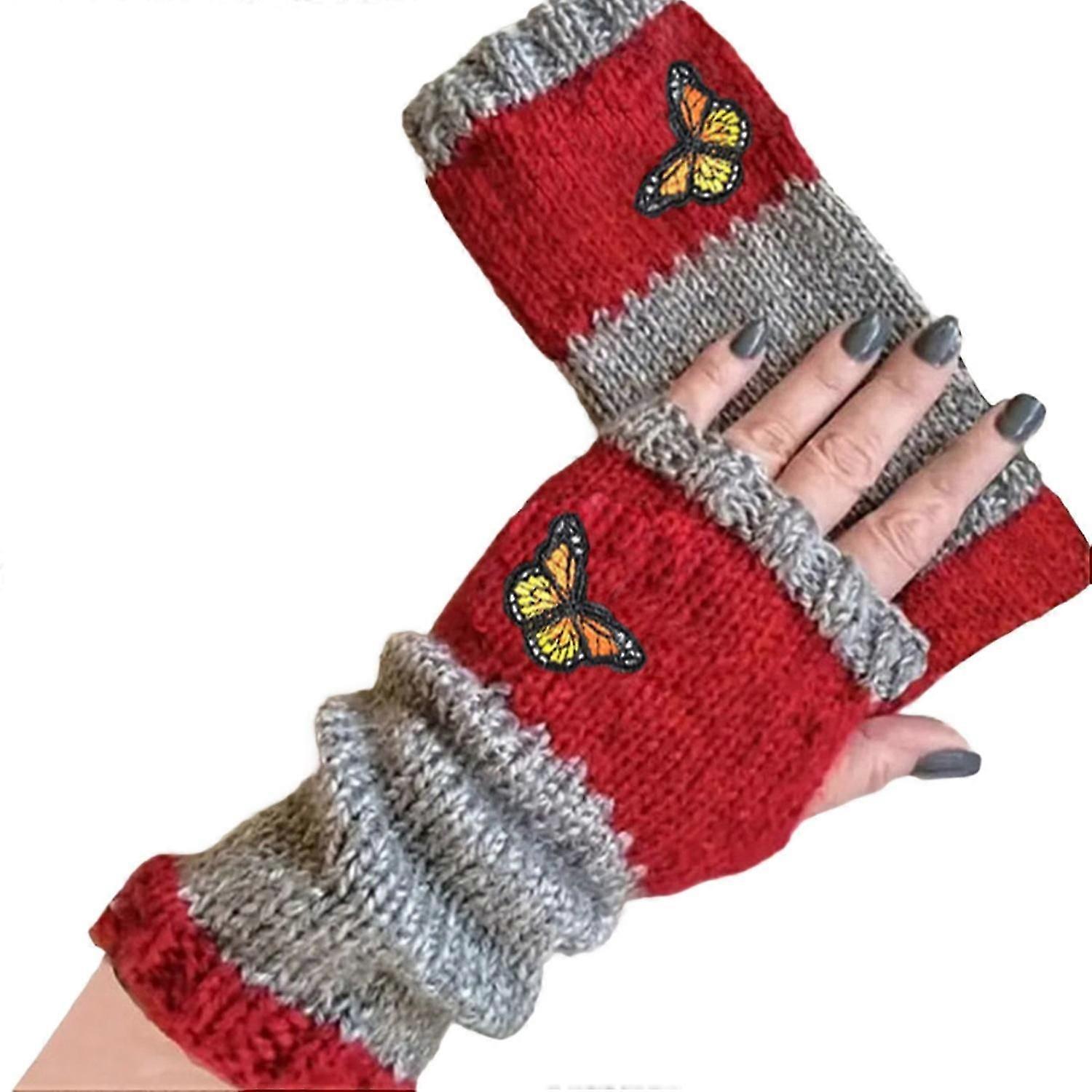 1 Pair Fall Winter Gloves Fingerless Knitted Butterfly Embroidery High Elasticity Non-slip Arm