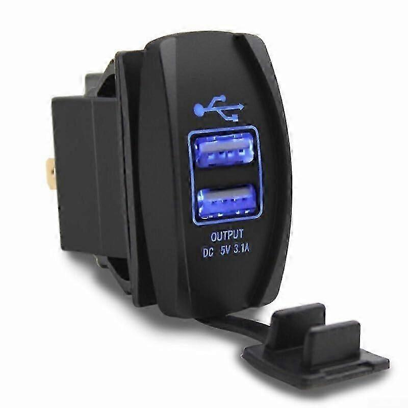 12V Dual USB Charger with Rocker Switch and Blue LED Light for Automotive and Marine Use, IP66 Waterproof Ref: 5203f