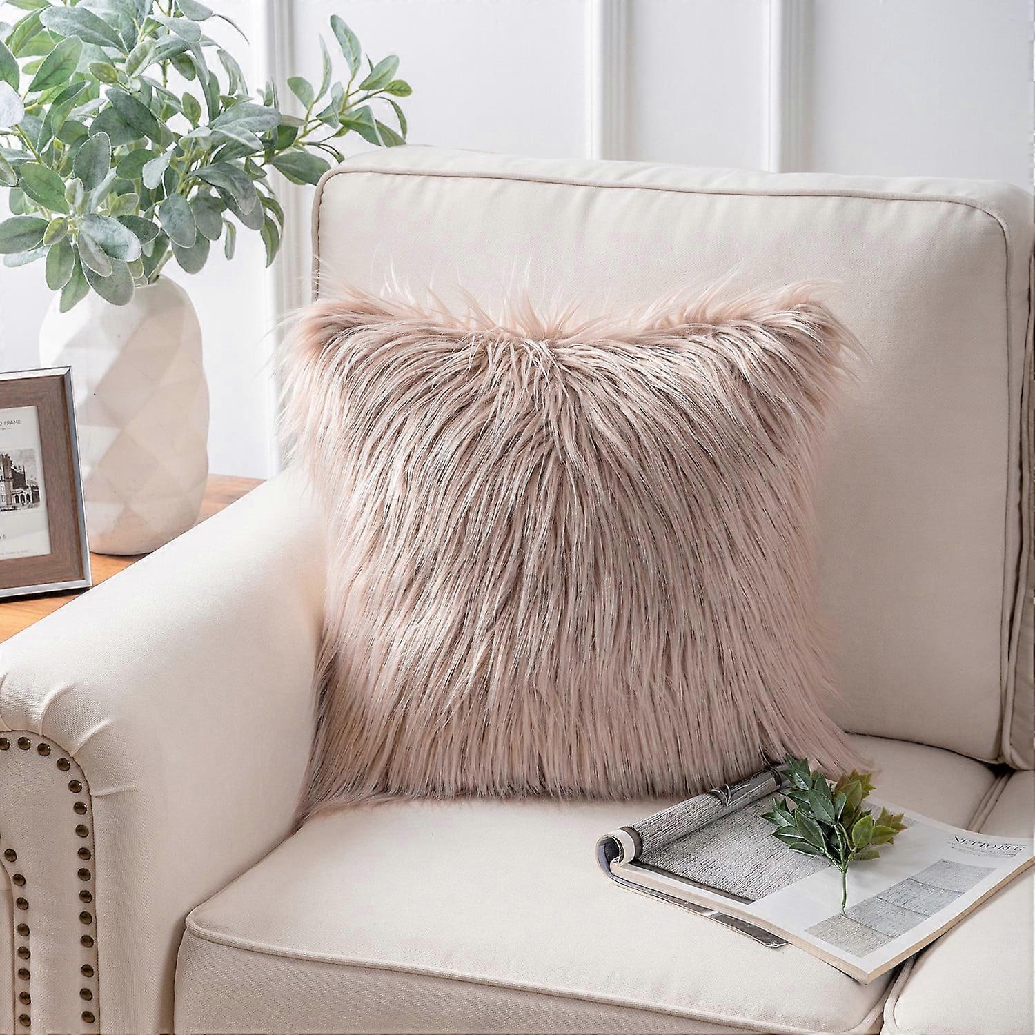 Phantoscope Plush Faux Fur Full Throw Pillow with Insert, 22"x22", Beige, 1 Pack