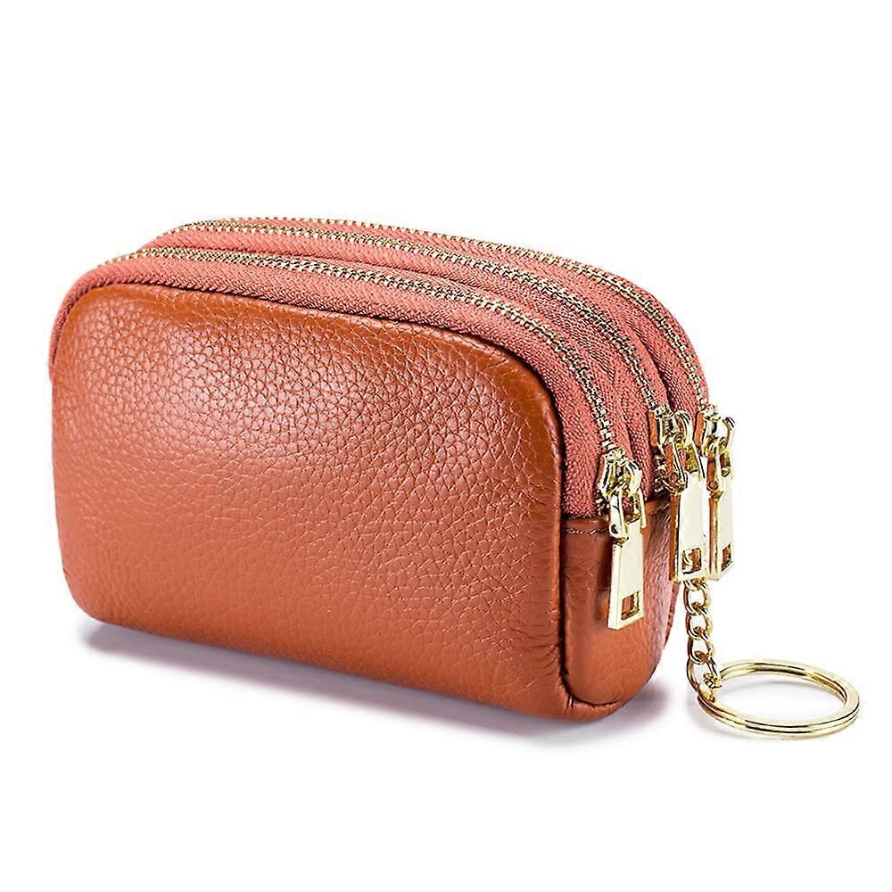 ZENGO 3 Porte-monnaie zippé en cuir véritable, triple capacité, petit portefeuille de voyage avec anneau porte-clés pour femme
