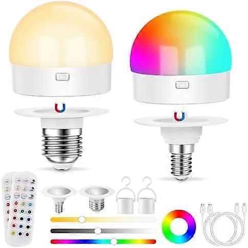 USB Rechargeable Light Bulb with Remote Control, Dimmable Colour Bulbs with Timing, Detachable RGB LED Bulb with E27 & E14 Bases, Battery Powered, 12+