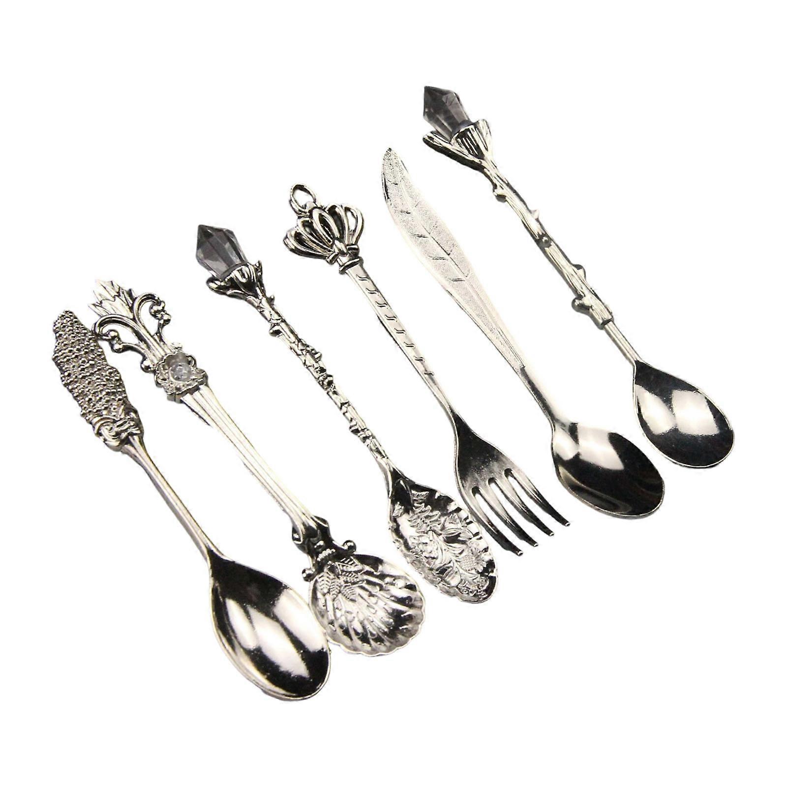 Antique Vintage Stirring Utensils 6 Pack Zincs Alloy Crystal Dessert Coffee Spoons Fork For Home Cafes Baking Needs  Silver