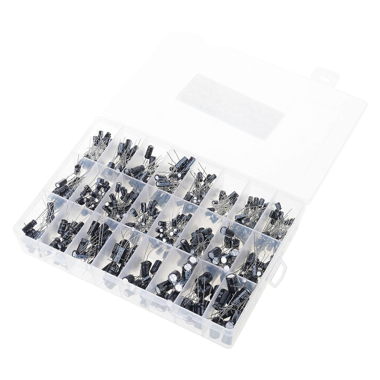 500 db-os 24 db-os alumínium elektrolit kondenzátor készlet 0,1 µF - 1000 µF 50 V-os kondenzátorok válogatásdobozban, többszínű