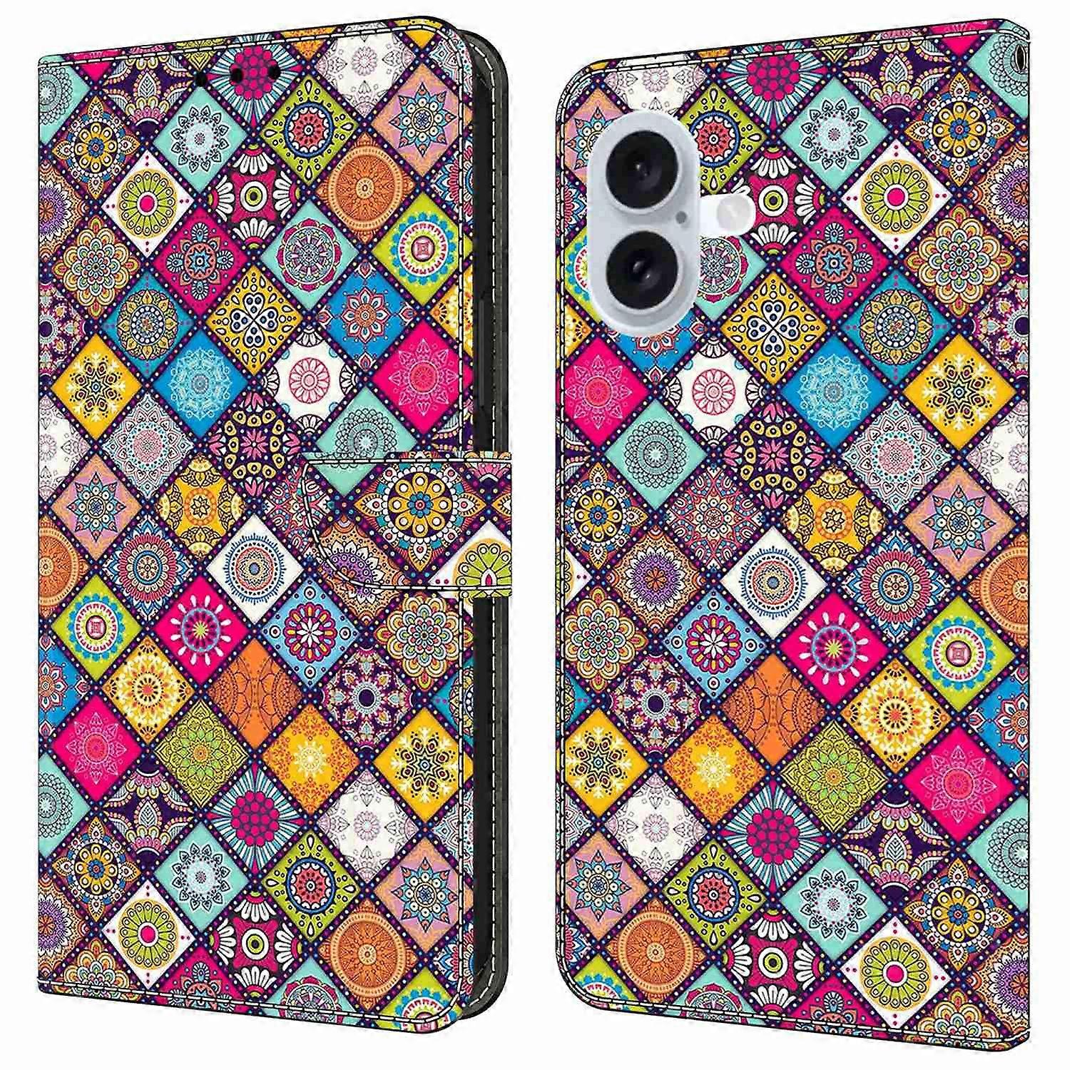 For iPhone 16 Case Pattern Printed Protective Cover TPU+PU Leather Flip Phone Case