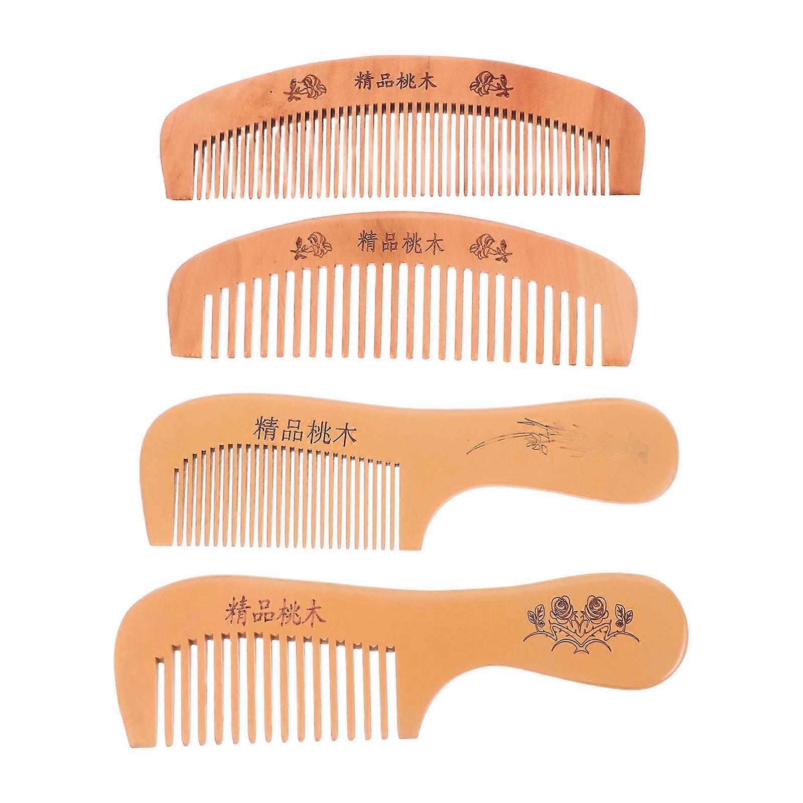 4pcs Peach Wooden Combs Carved Pocket Wood Comb Anti-static Massage Combs (Handle Fine Serration + Handle Wide  Serration + Moon Fine Serration + Moon