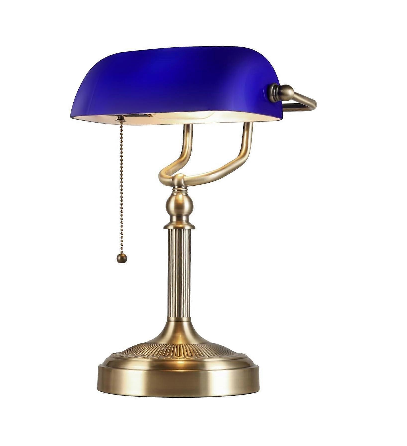 Retro Blue Glass Table Lamp with Pull Chain, 350° Adjustable Head for Home Office Study