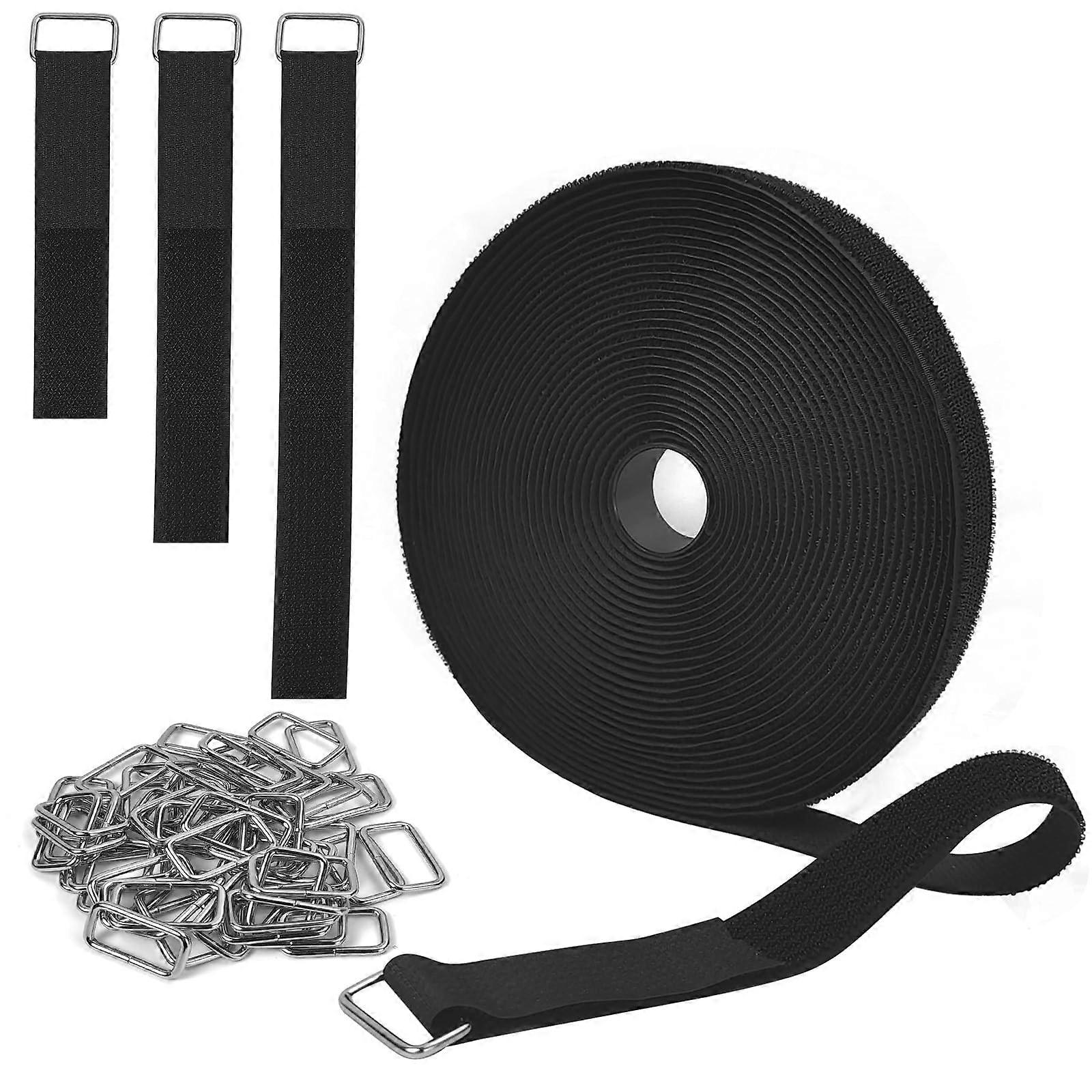 32ft x 1' Hook and Loop Straps with 50 Metal Buckles, Adjustable Heavy Duty Reusable Cable Ties for Wire Management