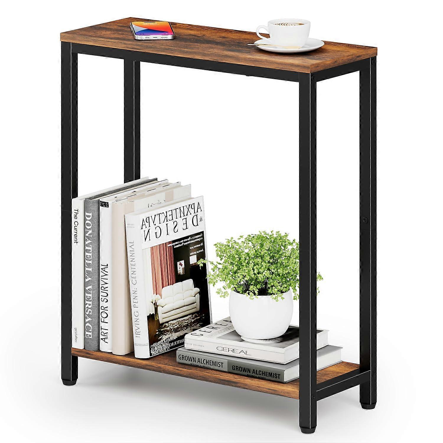 Narrow Side Table for Small Spaces with TwoTier Storage, Slim End Table for Living Room, Brown