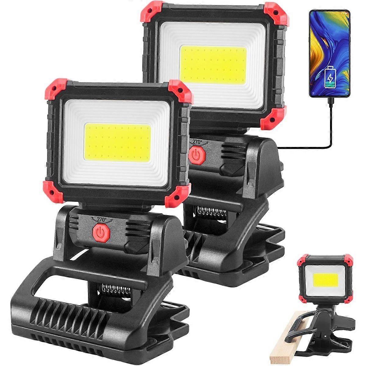 LED Rechargeable Work Light with Clamp, 2Pack 2100LM COB Magnetic Work Light with 3 Light Modes for