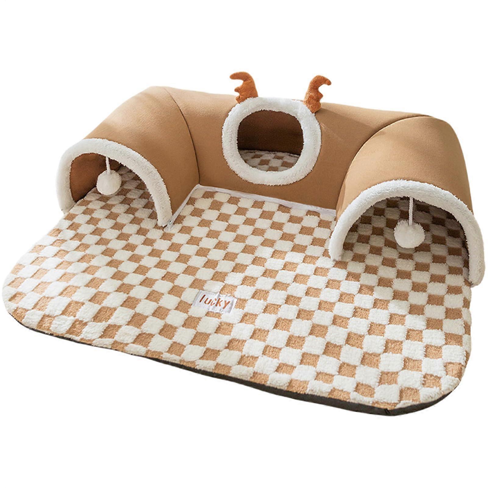 Cat Tunnel Bed with Interactive UShape Design for Winter Warmth and Corner Fit for Multiple Cats