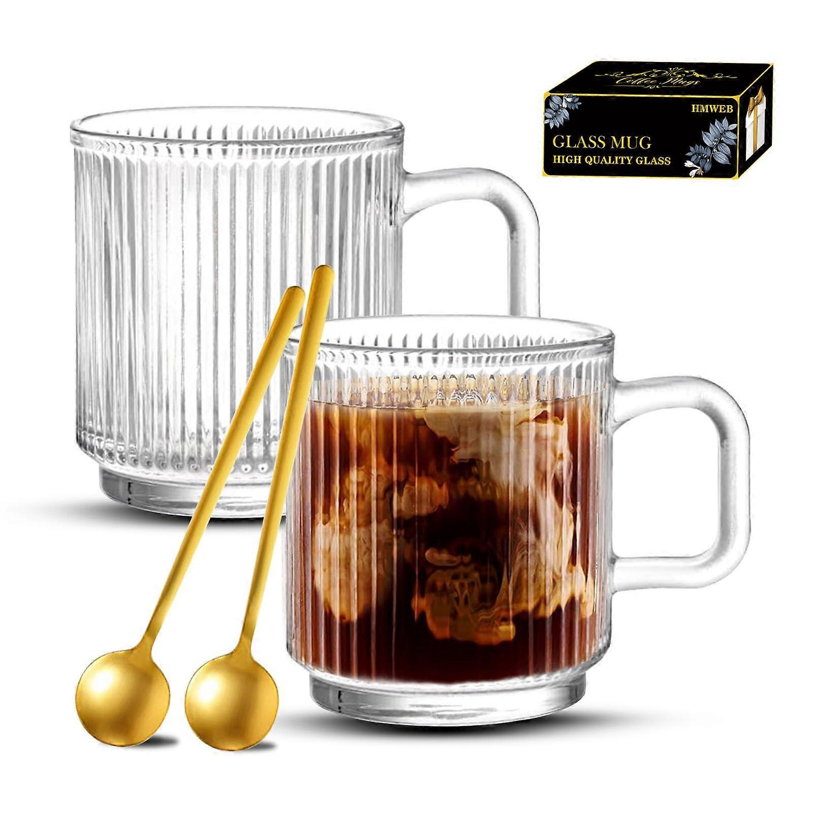Glass Coffee Mugs 14oz Large Clear Cups with Spoons, Lead Stackable Dishwasher Safe Set