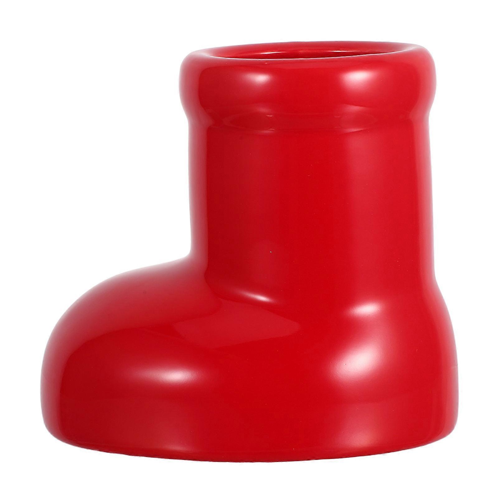 Red Ceramic Boot Vase for Flowers Festive Table Decoration