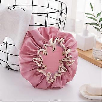 Double-Layer Shower Cap Women's Waterproof Hat Bathing Long Hair Bathing Headgear Hair Cover Oil Fume Dry Hair Cap Pink