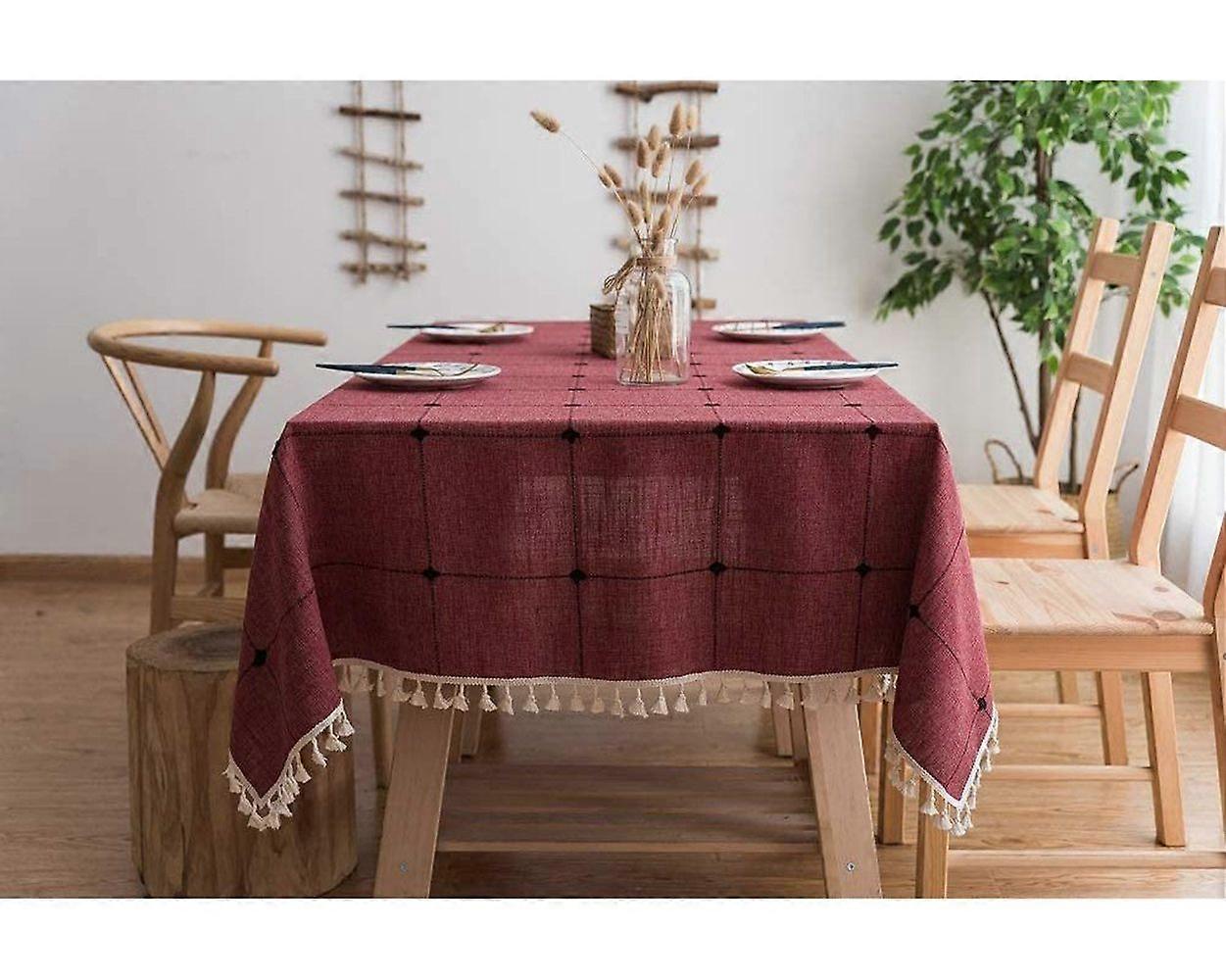 Checkered Rustic Embroidered Linen Tablecloth