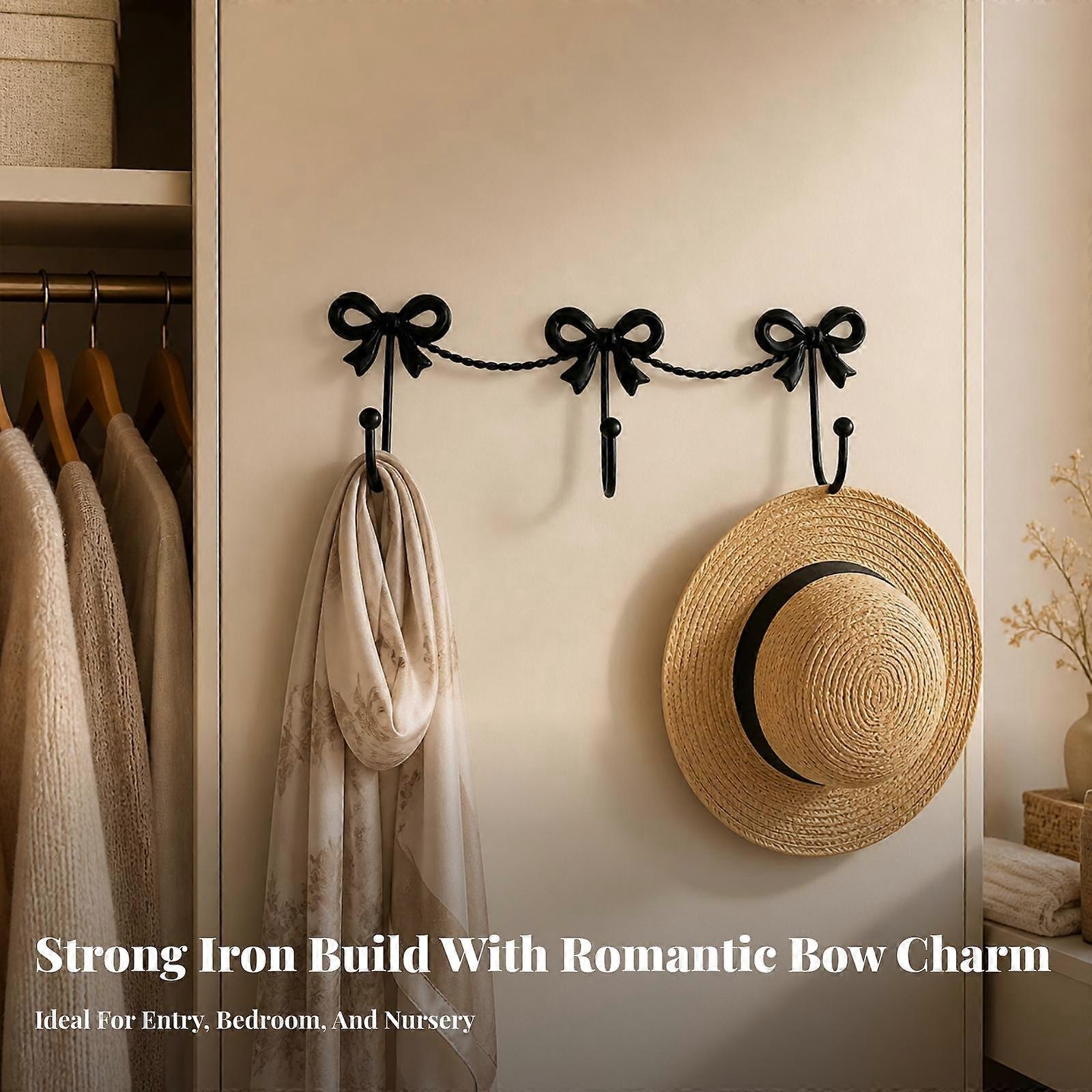 Space-Saving Bow Wall Hook | Iron Hook Rack with Three Bow-Shaped Hooks, for