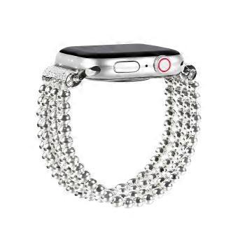 Silver Beaded Band for Apple Watch Women, Boho Charm Bracelet Strap 38mm 40mm 42mm 44mm, Fashion Silvertone Style
