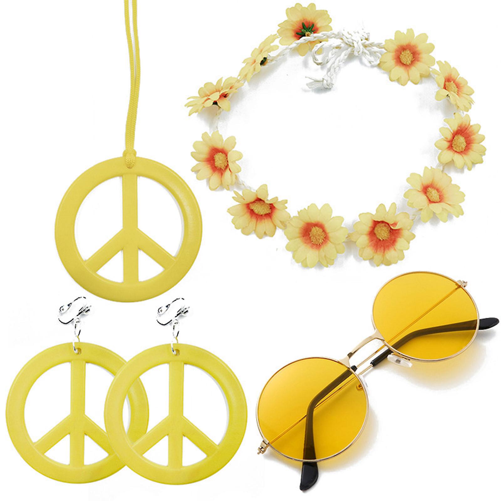 4 κομμάτια αξεσουάρ hippie κοστούμι σετ, συμπεριλαμβανομένης της ειρήνης σημάδι κολιέ, γυαλιά ηλίου