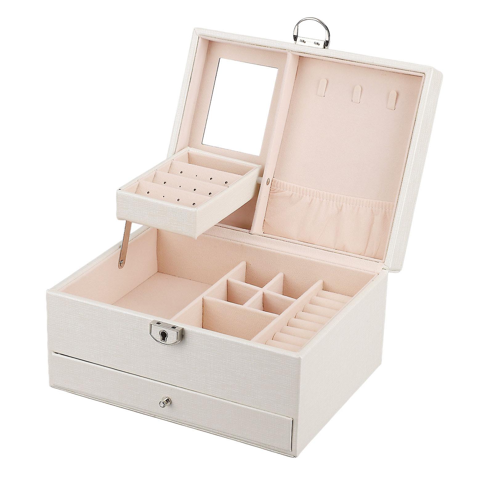 Waterproof White PU Leather Jewelry Box, Double Layer, Large Capacity