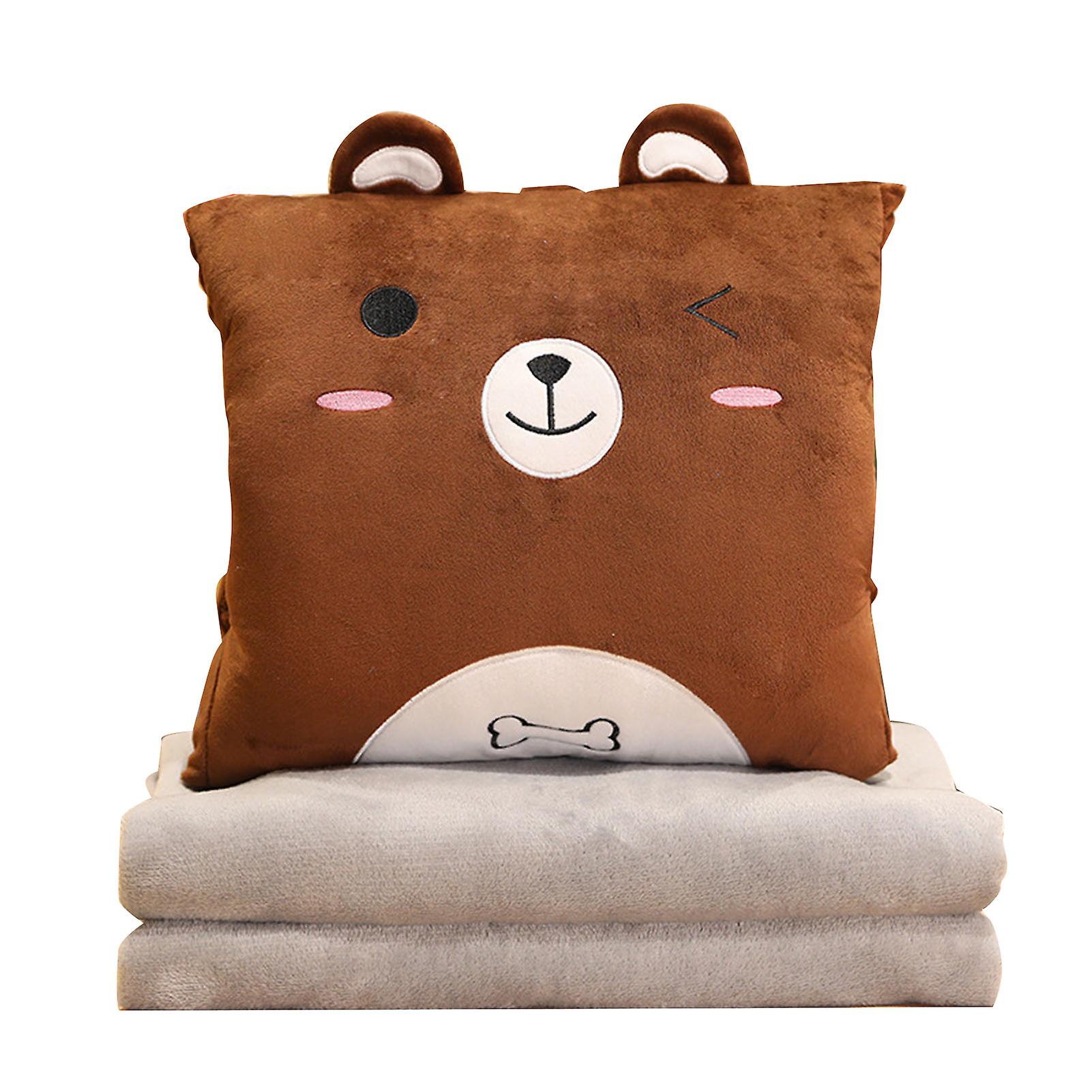 Cartoon Pillow Blanket Multi Function Air Conditioning Blanket Insertable Pillow Hand Warmer for Office Napping Brown Bear