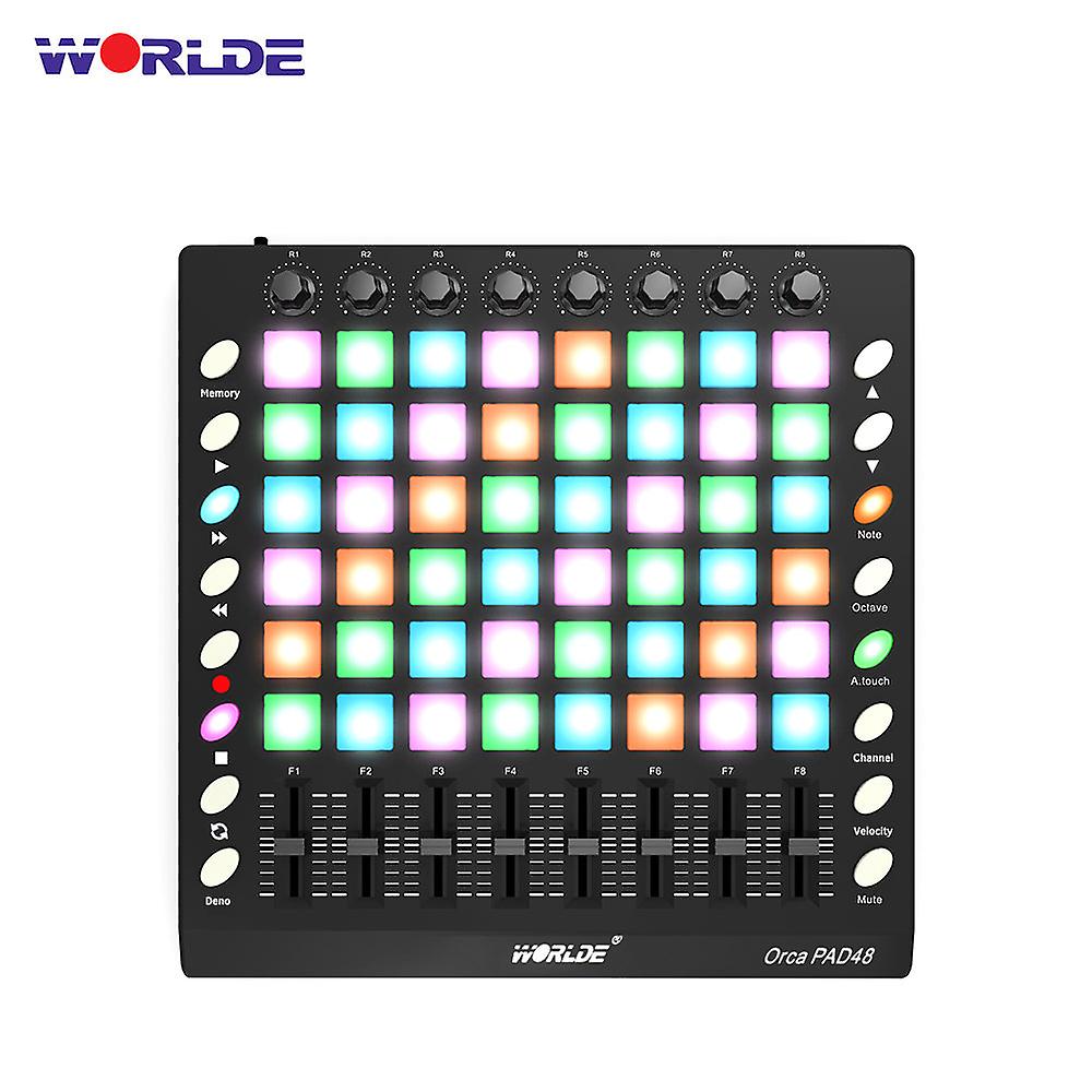 Worlde Pad48 Portable Midi Drum Pad Controller 48 Rgb Backlit Pads Knobs 16 Buttons 8 Sliders With Usb Cable