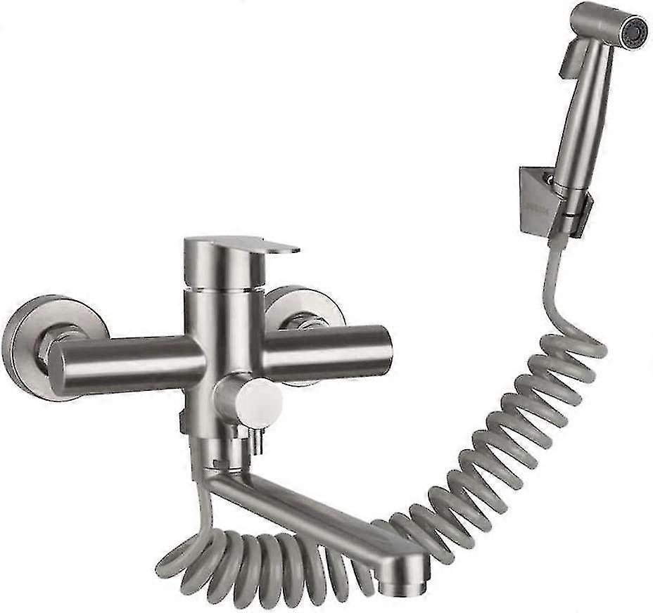 Single Handle Kitchen Faucet Wall Mounted With Hand Shower, With Spray Gun, Kitchen Sink, Stainless Steel Faucet, Hot/cold Water