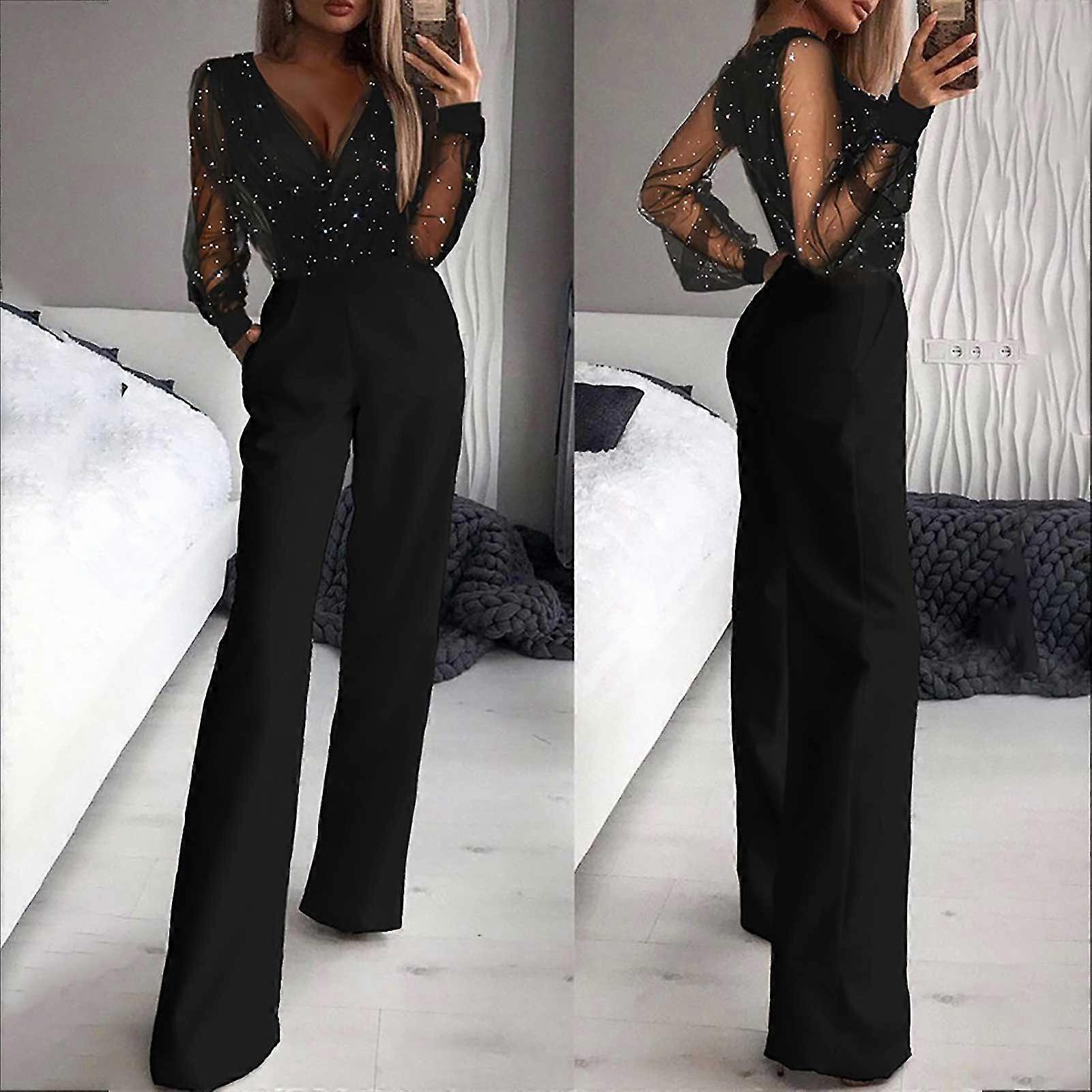 Combinaisons pour femmes femmes col en V massif Mesh Paillettes Poudre d'or Combinaisons à manches longues Rompers