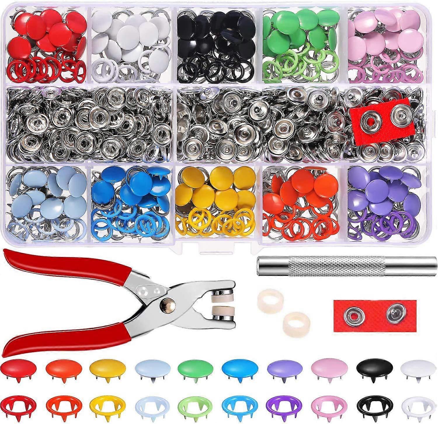200 Set Hollow Solid Snap Fasteners, Ring Press Snap Studs Romper Snaps with Hand Pressing Pliers Tool Kit for Bibs Custom Clothing or DIY Projects