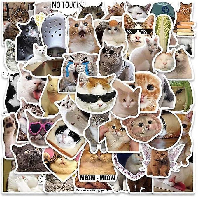 Cute cat stickers, funny cat meme stickers for adults, 50 sheets of funny kawaii animal stickers, each about 4-8 cm, PVC waterproof stickers