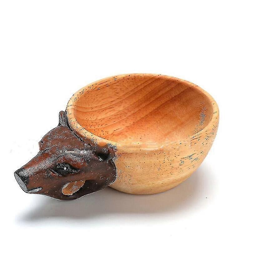 Tazza in legno intagliata a mano con immagine di testa di animale, per viaggiatori, campeggio all'aperto